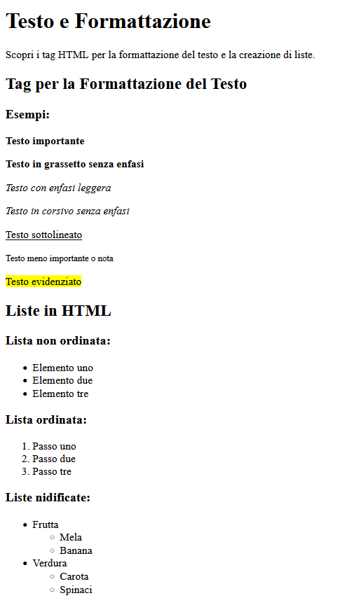 Esempio degli elementi per formattare il testo in html